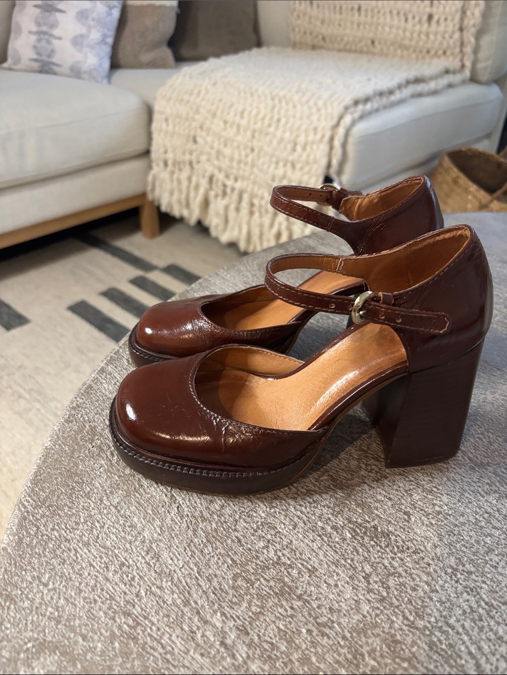 Women’s Brown Patent Mary Jane Block Heel Pumps with Ankle Strap - Picture 3 of 4